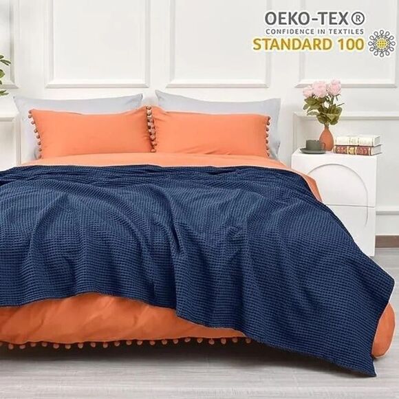 PHF Blue 100% Cotton Waffle Lightweight 90 x 90 in Weave Blanket Queen SU249 - Picture 4 of 6